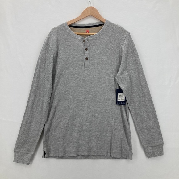 Chaps Henley Thermal Shirt Mens Medium Gray Waffle Knit Casual Preppy Travel NWT - Picture 1 of 14